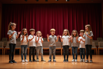 Groupe d'enfants sur scène de théâtre en pleine pratique