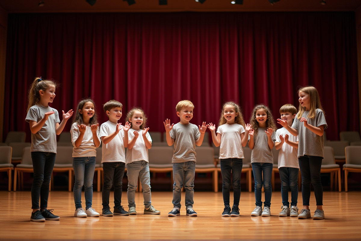 Groupe d'enfants sur scène de théâtre en pleine pratique