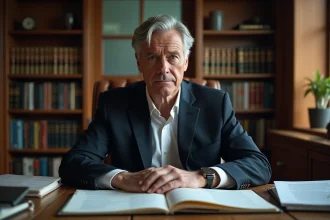 Homme aux cheveux grisonnants assis dans un bureau privé entouré de dossiers et de livres de criminologie, expression réfléchie et discrète