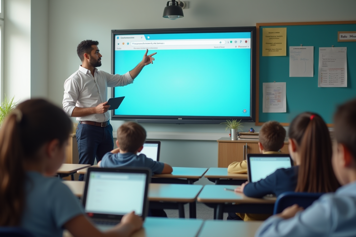 Enseignant devant classe avec écran digital et élèves attentifs