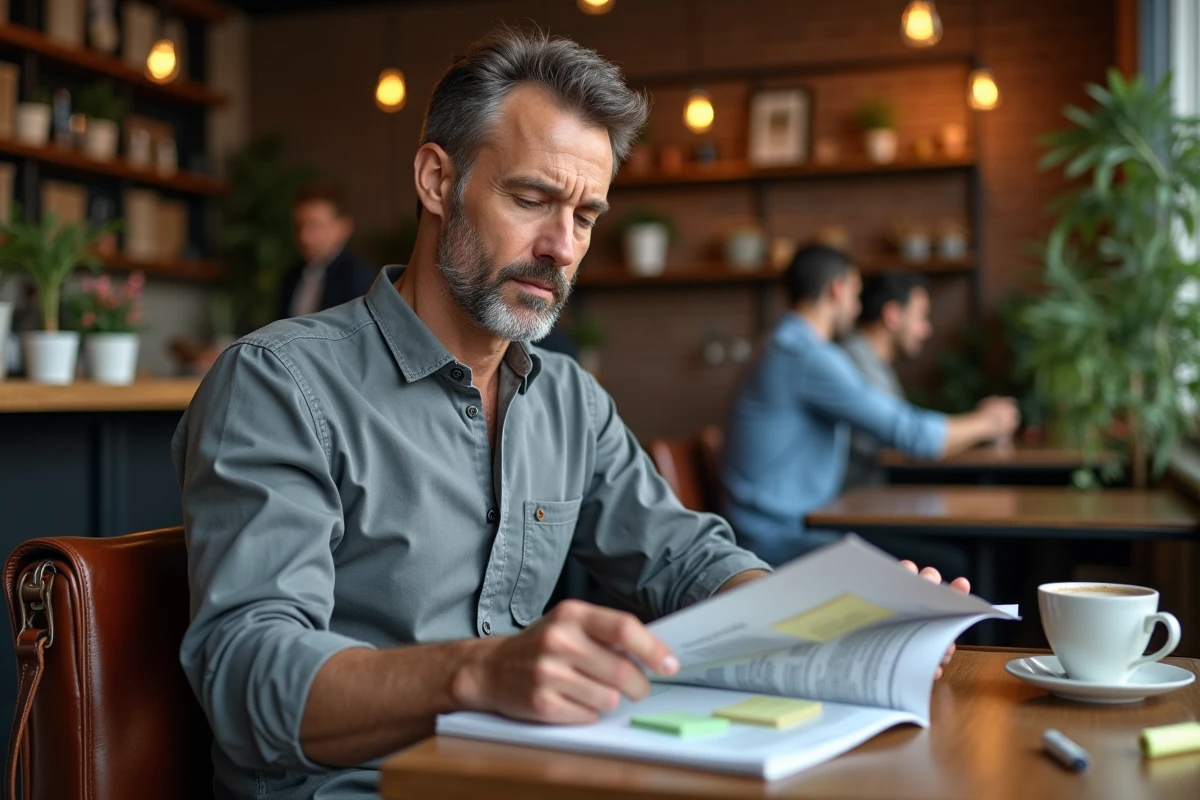 Entrepreneur lisant un magazine économique avec des annotations dans un café indépendant au style chaleureux