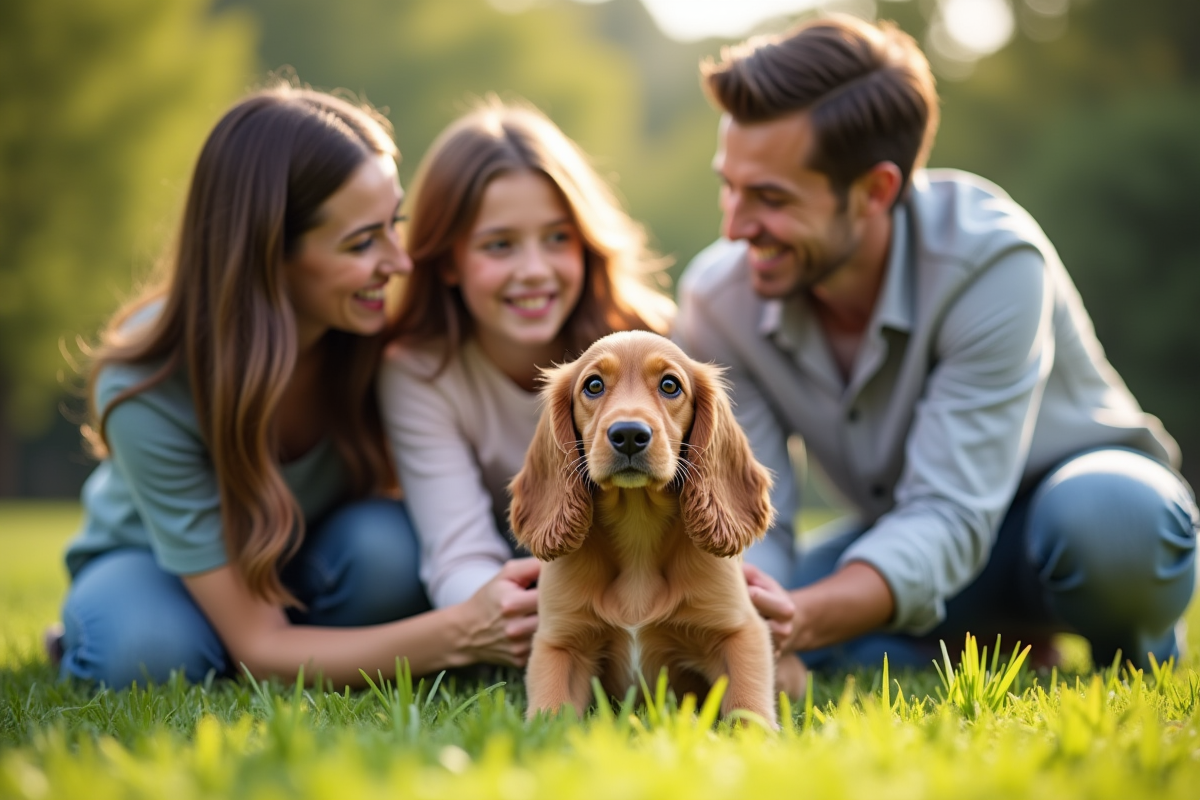 Famille souriante caressant leur chiot cocker sur l