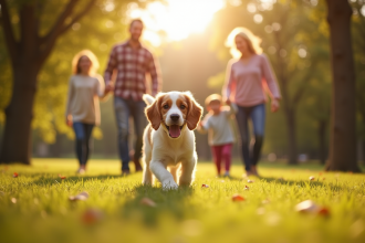 Famille joyeuse marchant avec leur chiot cocker dans un parc ensoleille
