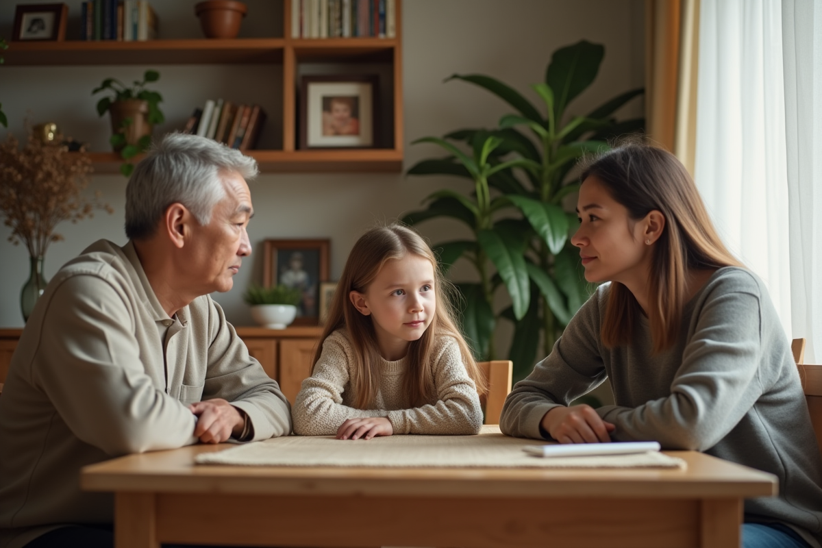 Famille discutant autour d'une table en intérieur chaleureux