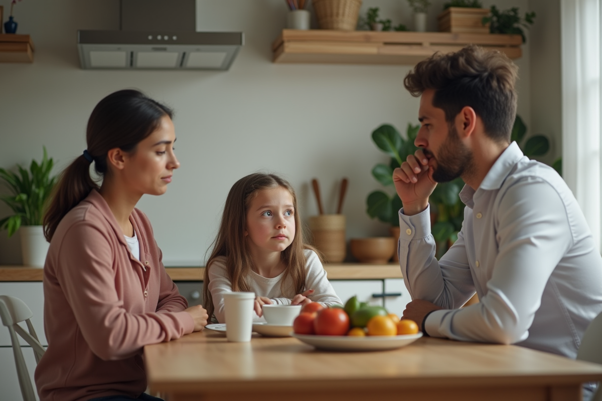Trois personnes à la table de cuisine en matinée avec une adolescente et ses parents