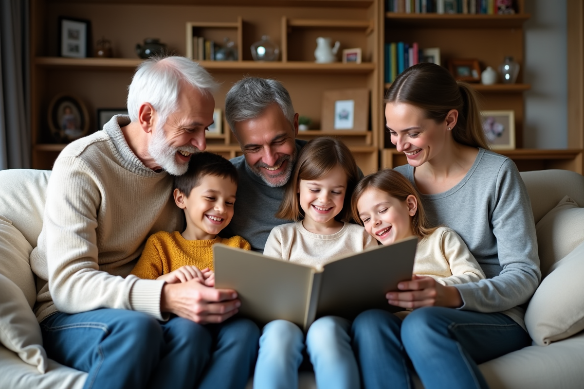 Famille multigeneration assise ensemble dans le salon