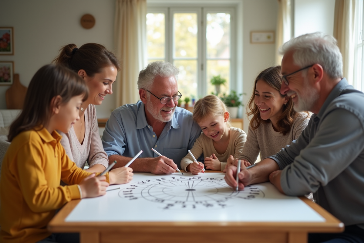 Famille multigenerations jouant à un jeu de société dans un salon lumineux