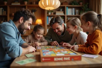 Famille réunie autour de la table pour jouer à La Bonne Paye, jeu de société classique pour enfants et adultes