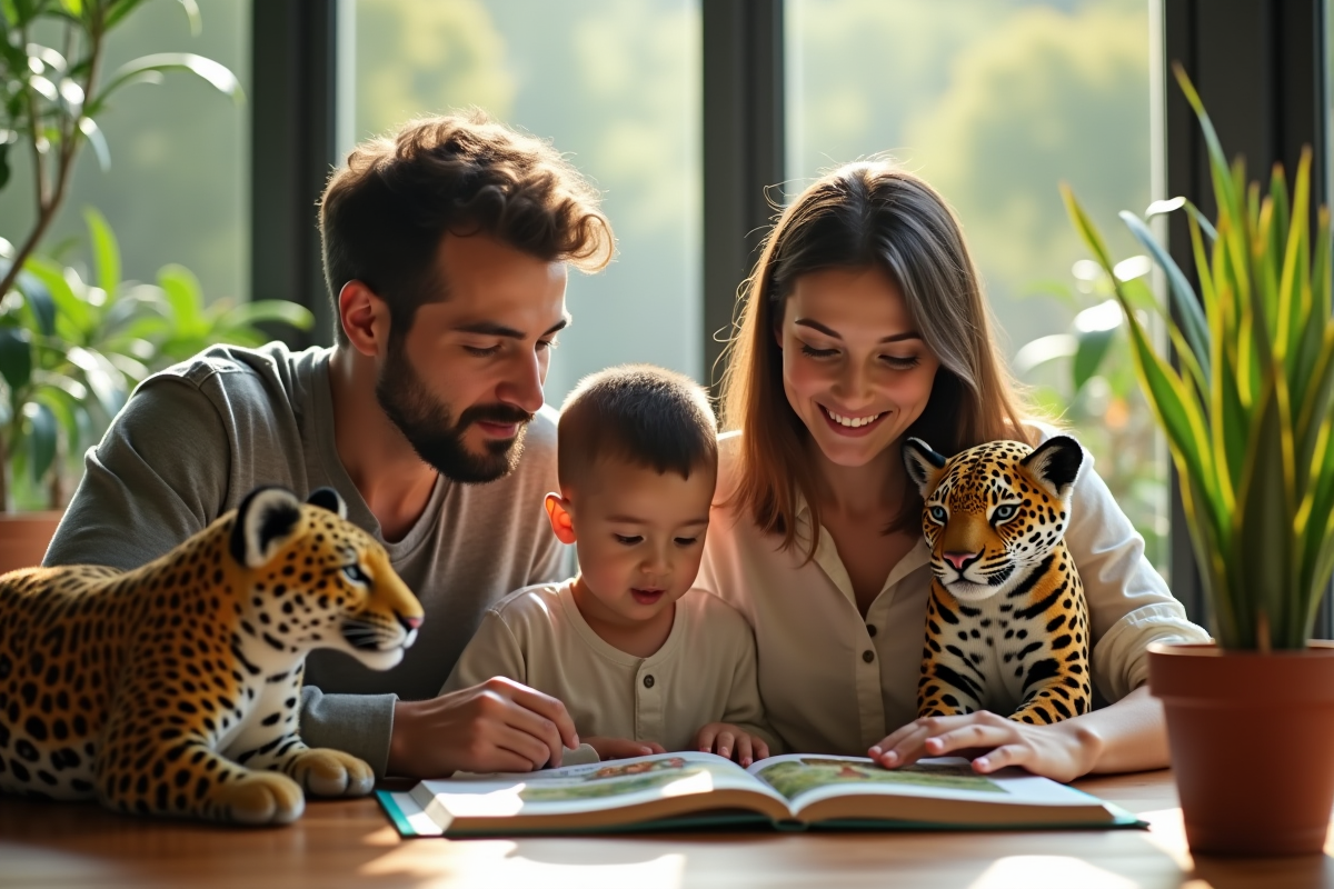 Famille lisant un livre sur la conservation des jaguars à la maison