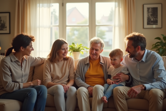 Famille multigenerations dans un salon lumineux exprimant des émotions diverses