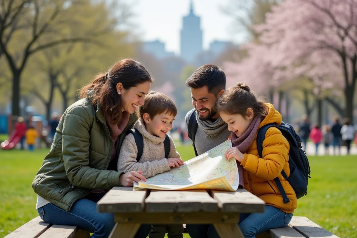 Famille de quatre regardant une carte dans un parc urbain au printemps