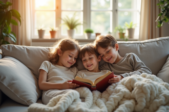 Famille souriante se relaxant dans un salon confortable