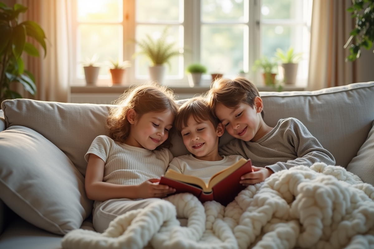 Famille souriante se relaxant dans un salon confortable