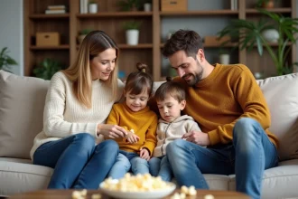 Famille de quatre sur un canapé beige dans un salon moderne