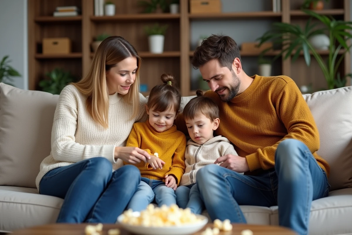 Famille de quatre sur un canapé beige dans un salon moderne