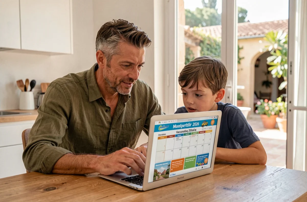 Père et fils consultant les dates de vacances scolaires 2026 à Montpellier sur un ordinateur