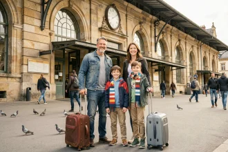 Famille avec enfants en vacances scolaires devant une gare européenne avec valises, illustrant un pont ou long week-end