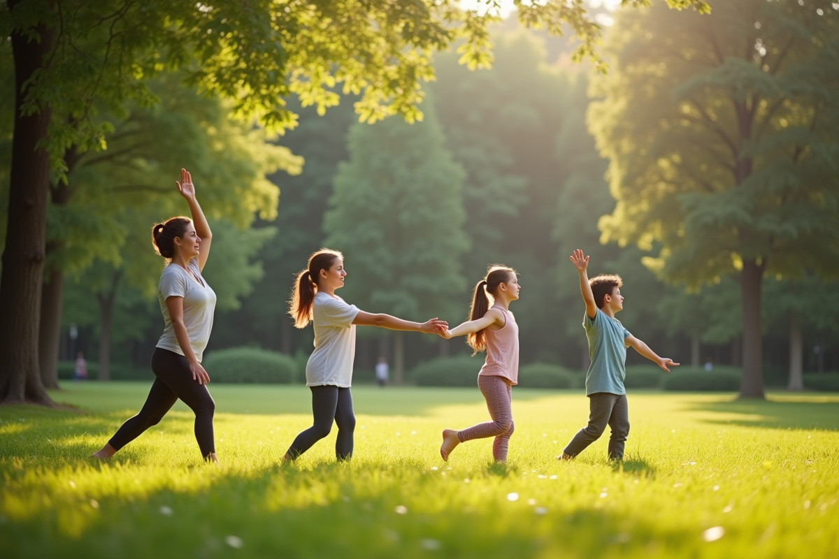 Famille pratiquant le yoga dans un parc paisible