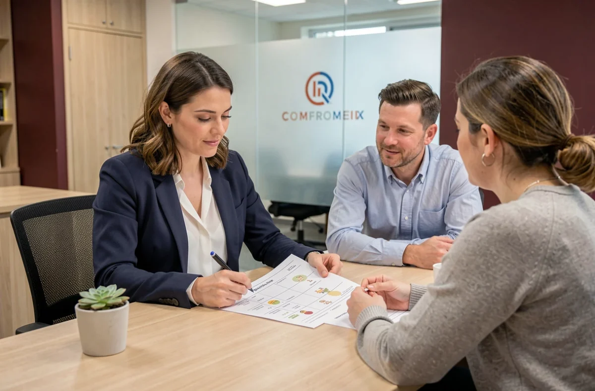 Une coordinatrice de Family Sphere Bordeaux consulte des parents dans un bureau professionnel moderne