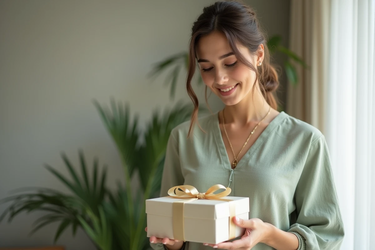 Jeune femme tenant un cadeau de baptême emballé avec soin dans un salon moderne aux tons neutres