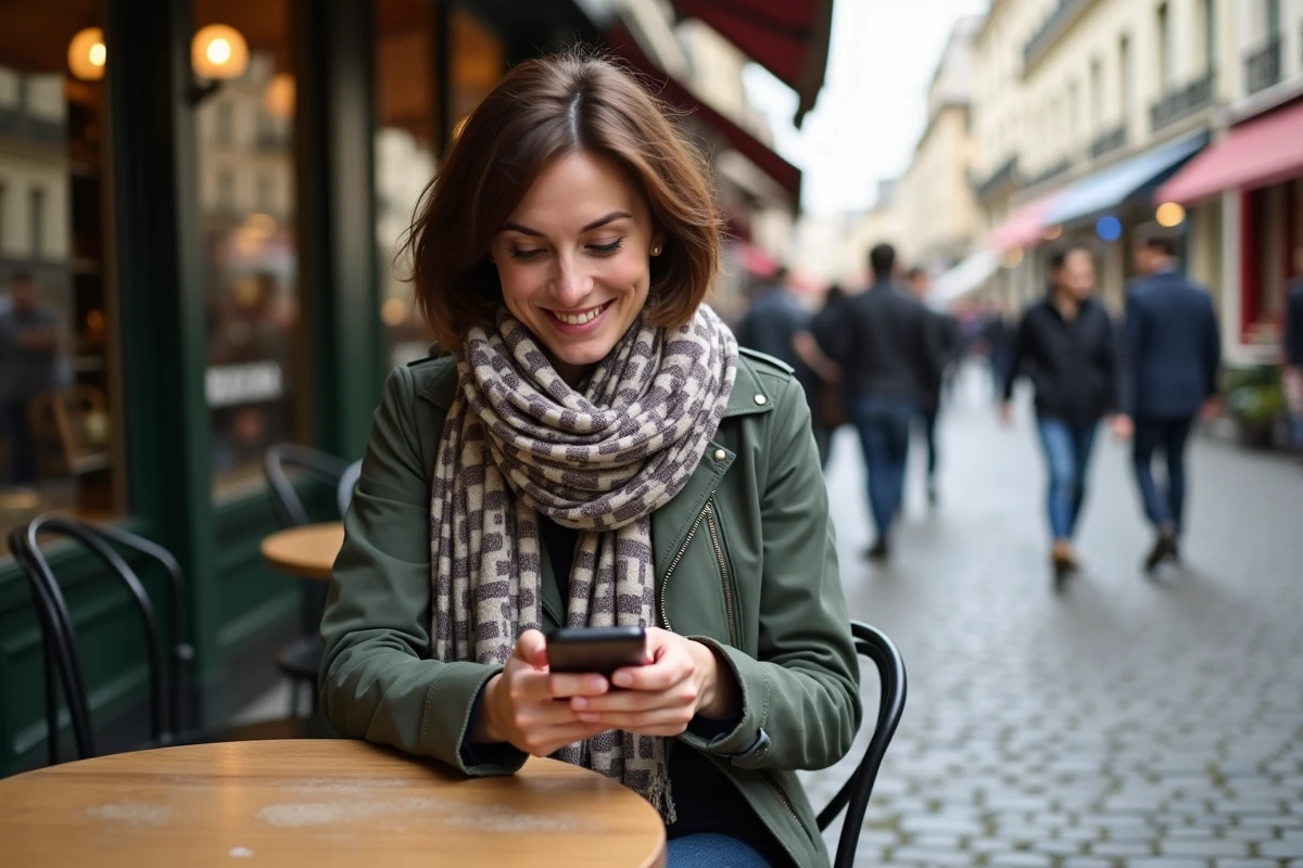 Femme souriante sur une terrasse de café parisien