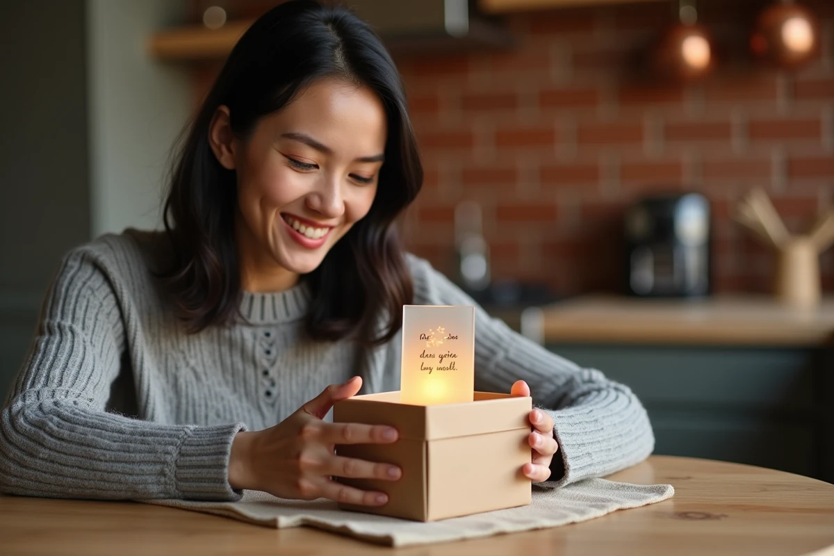 Femme découvrant avec émotion une veilleuse personnalisée avec message gravé lors d'un moment de cadeau en intérieur