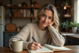 Femme écrivant un message émouvant à la main sur du papier crème, assise à une table en bois dans une cuisine chaleureuse