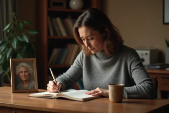 Femme écrivant un poème en hommage à sa maman décédée dans un journal intime, avec une photo encadrée posée sur le bureau