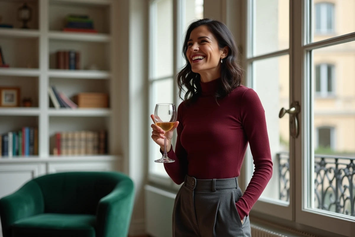 Femme élégante dans un appartement parisien moderne, ambiance intime et lifestyle raffiné