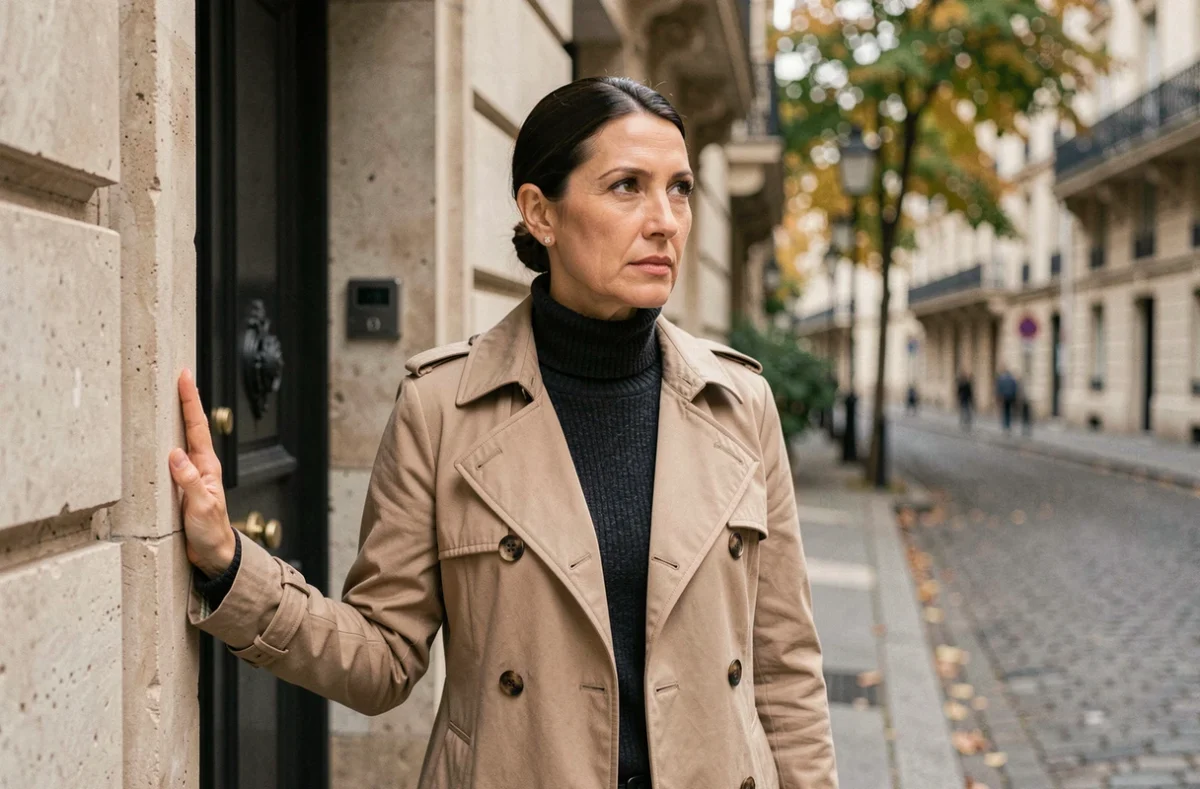 Femme élégante devant un immeuble haussmannien parisien en automne, atmosphère discrète et raffinée