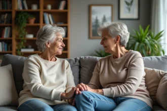 Femme et mère âgée discutant sur un canapé dans un salon chaleureux