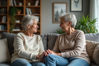 Femme et mère âgée discutant sur un canapé dans un salon chaleureux