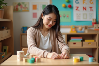 Jeune femme en classe Montessori examine des matériaux pédagogiques