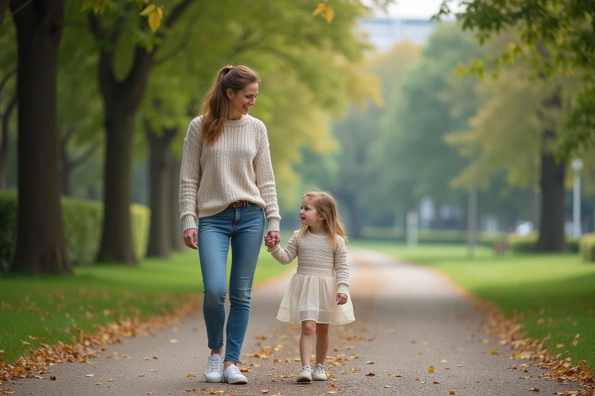 Femme ressemblant à Emma Watson marchant avec une petite fille dans un parc