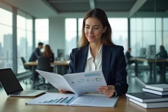Femme professionnelle consultant un magazine business à son bureau dans un open space moderne pour rentabiliser son abonnement