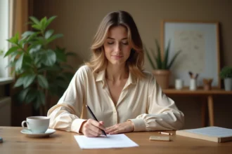 Femme rédigeant une lettre manuscrite pour une demande de congé parental à son bureau à domicile