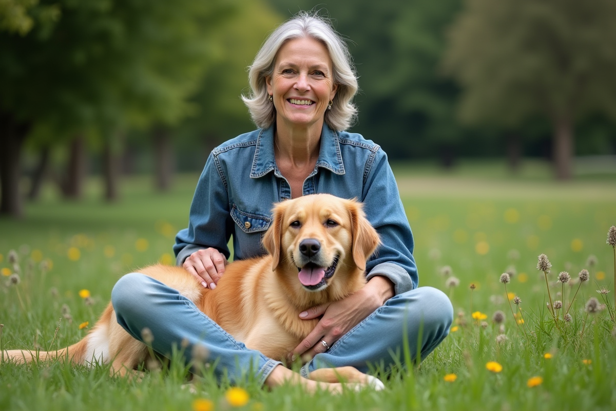 Femme assise dans un parc avec un retriever au repos