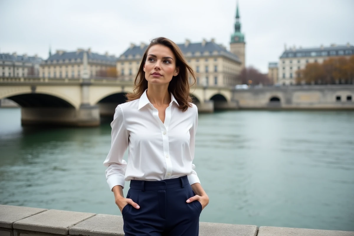 Femme élégante près de la Seine à Paris