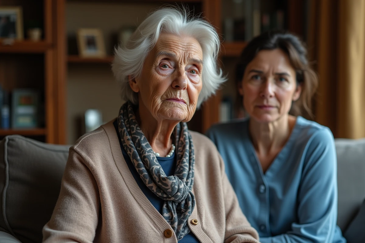 Femme senior stern avec aidante dans un salon chaleureux
