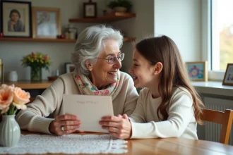 Femme senior avec carte d anniversaire et jeune fille lisant un poeme