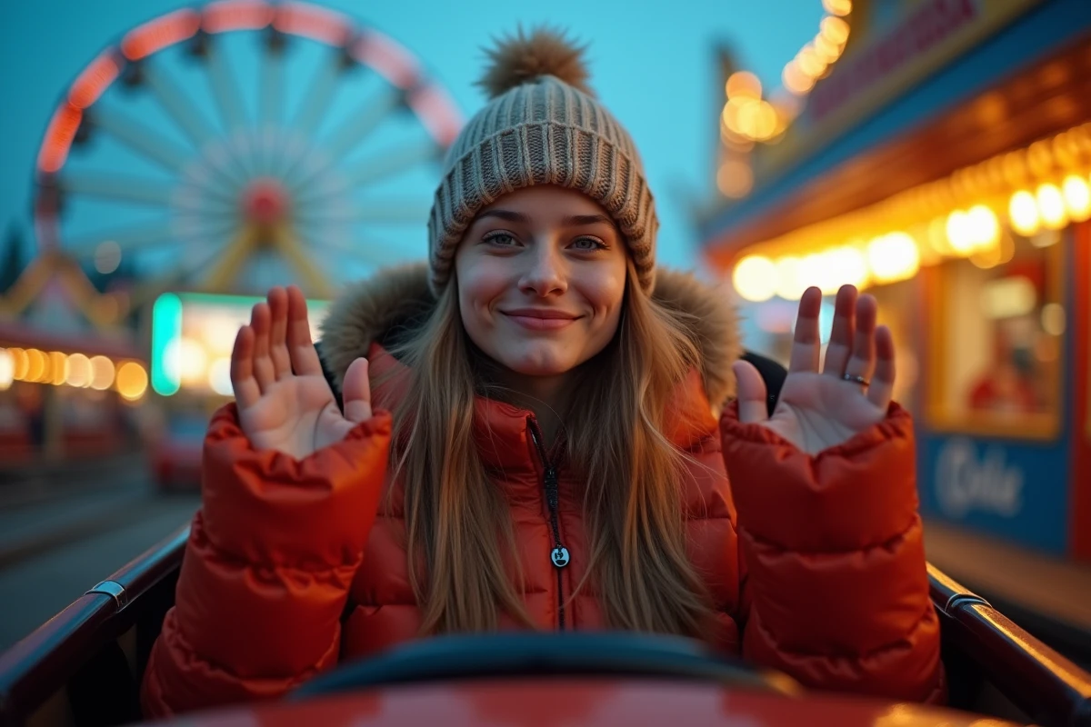 Jeune femme en pleine sensation forte sur un manège de la Foire de Lille avec expression authentique