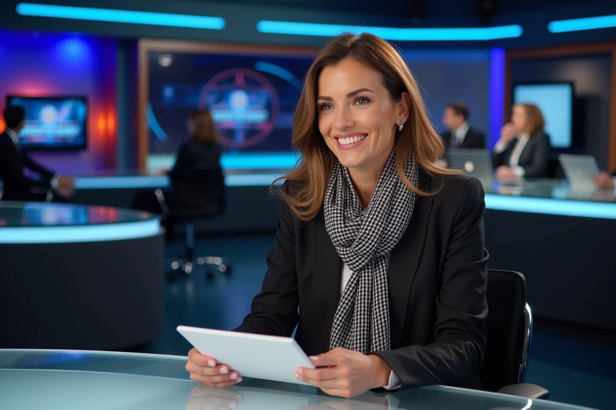 Femme confiante dans un studio télé moderne