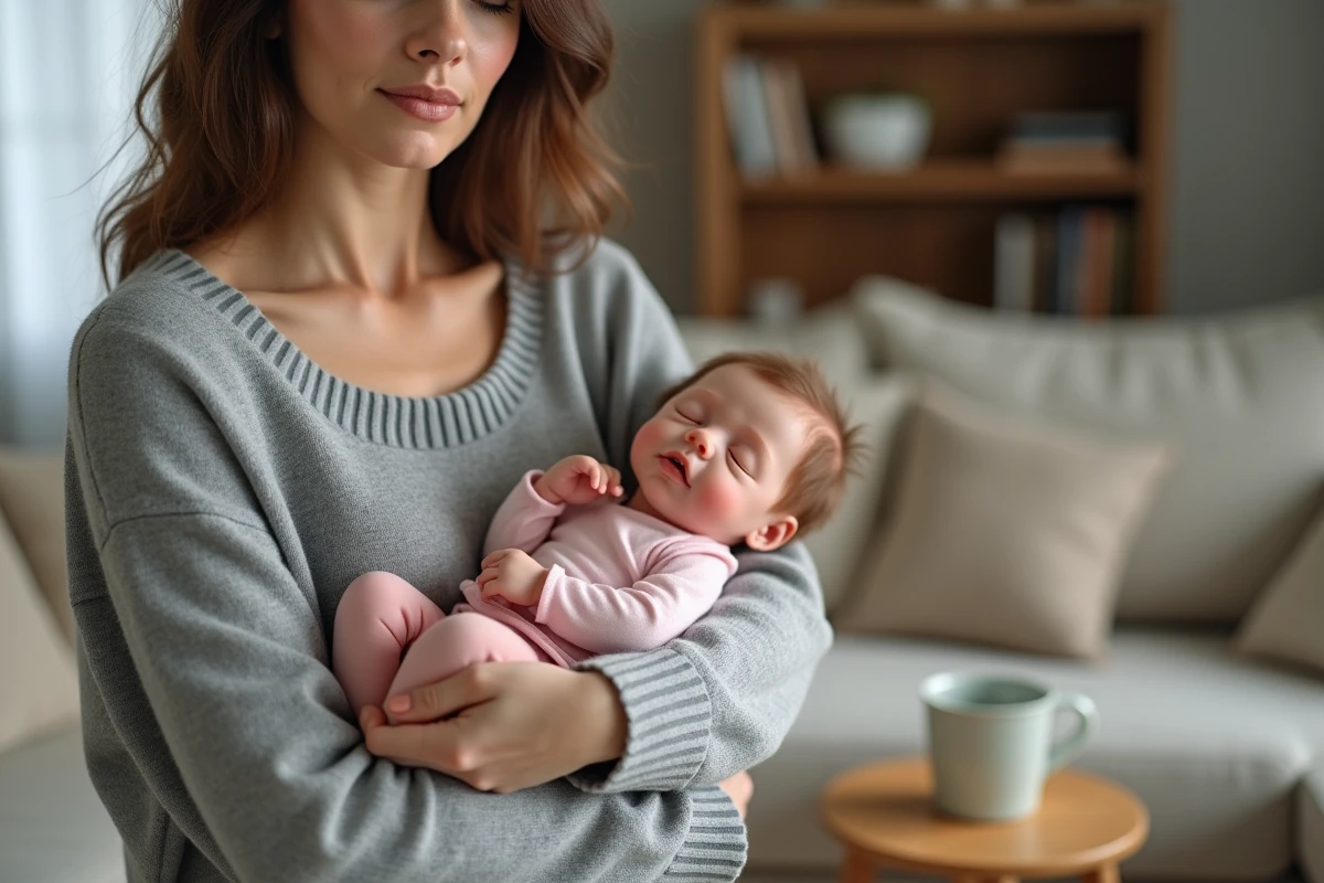 Femme tenant dans ses bras un bébé reborn fille réaliste avec cheveux enracinés et tenue douce
