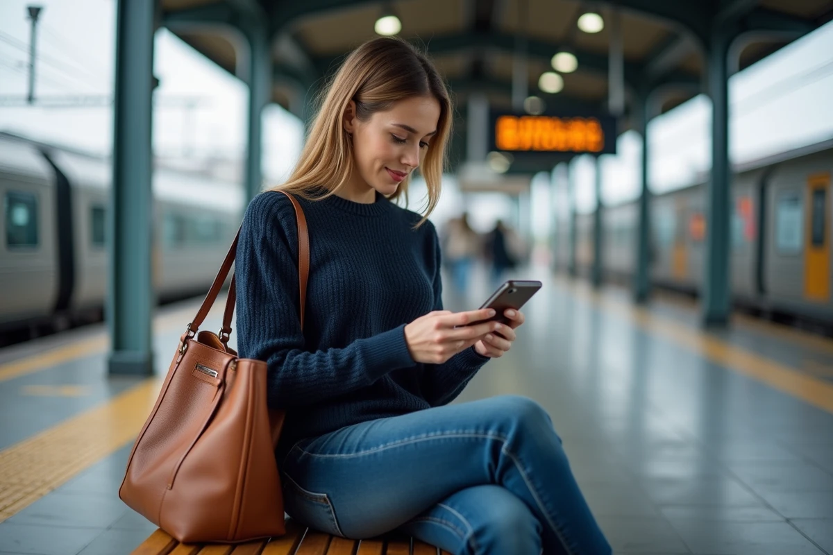 Femme dans une gare moderne utilisant son smartphone