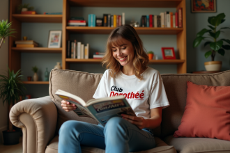 Femme vintage en t-shirt Club Dorothee dans un salon nostalgique