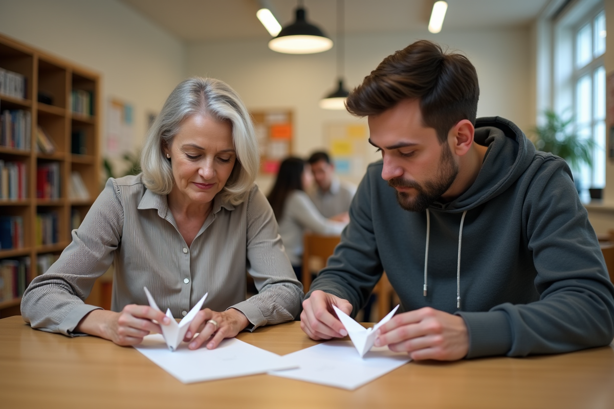 Femme et jeune homme plient des grues en papier dans un centre communautaire