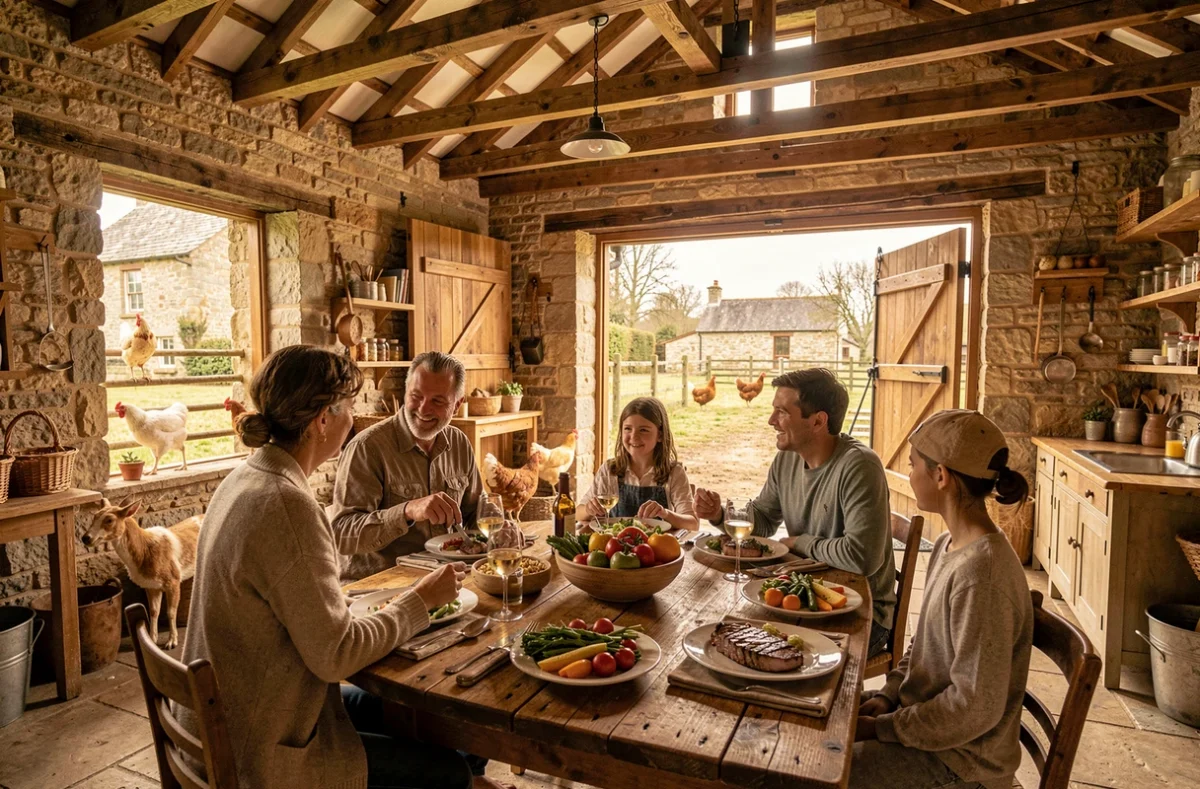 La Ferme de Bruges, restaurant à la ferme avec famille profitant d'un repas en plein air dans un cadre agricole authentique