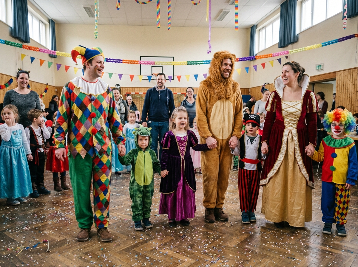 Groupe de parents et enfants en costumes de carnaval festif