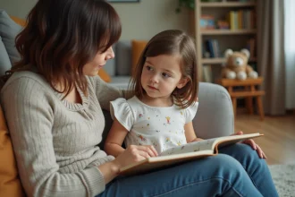 Fille de 4 ans assise sur un sofa familial avec sa mère