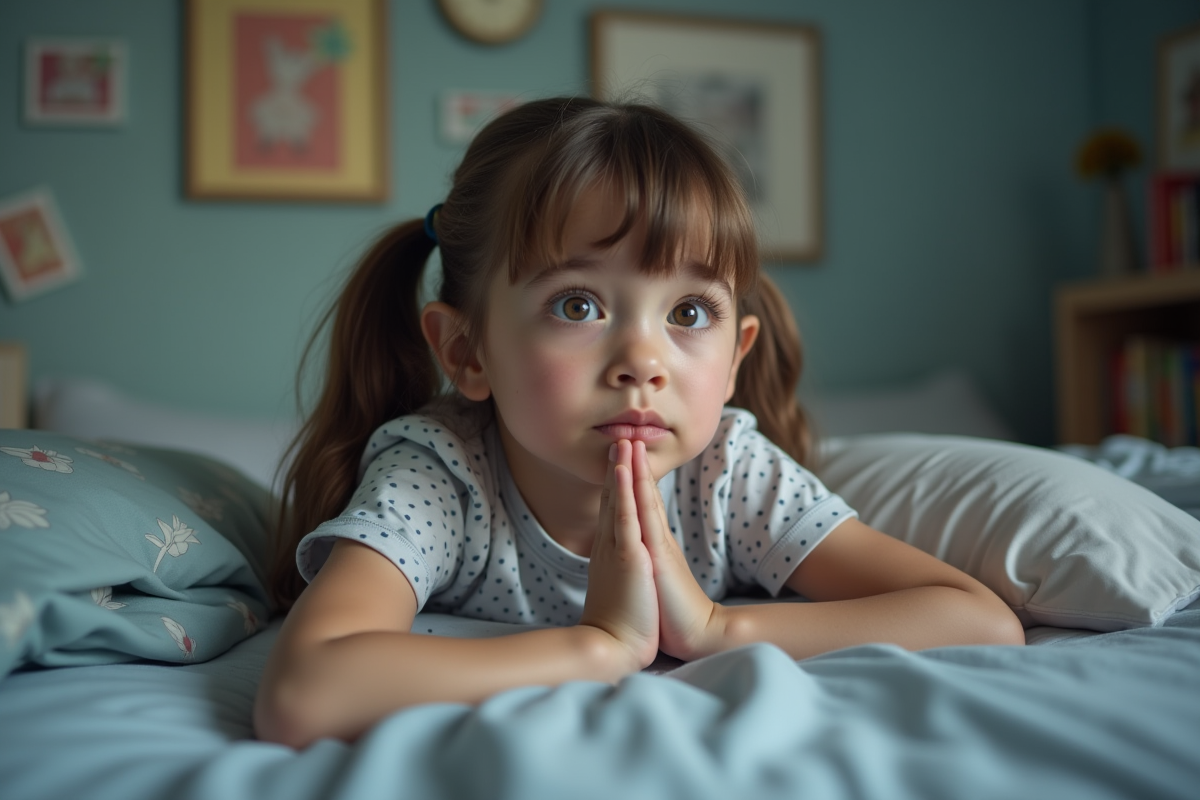Fille de 10 ans allongée dans son lit avec une expression anxieuse